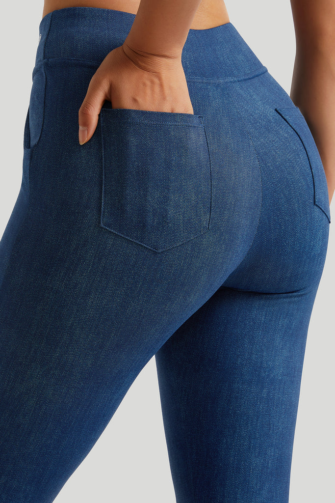 Stretchy Faux Denim Legging Deep Blue