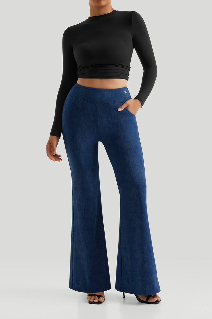 Long Sleeves Stretchy Faux Denim Flare Pant Sets - Deep Blue