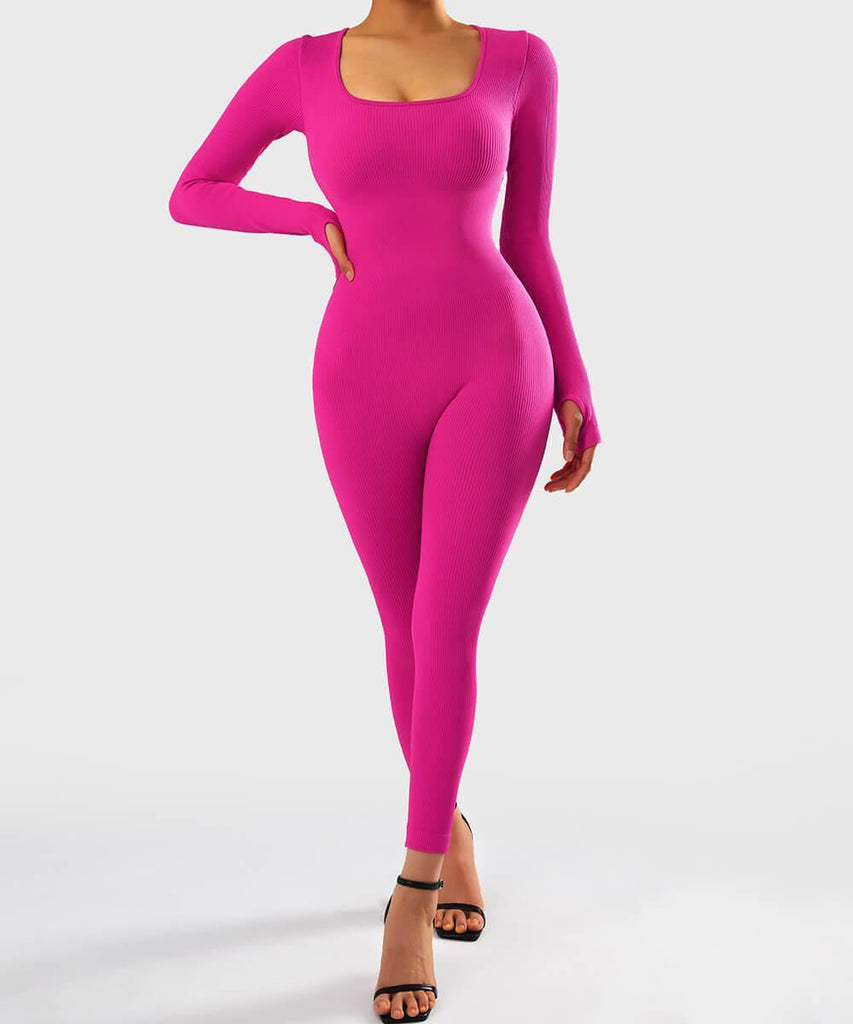 Solid Color Ribbed Long Sleeve Seamless Jumpsuit - MOOSLOVER